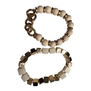 Set Of Two Gold Tone  And White Accent Bracelets  Round And Square Beads Stretch